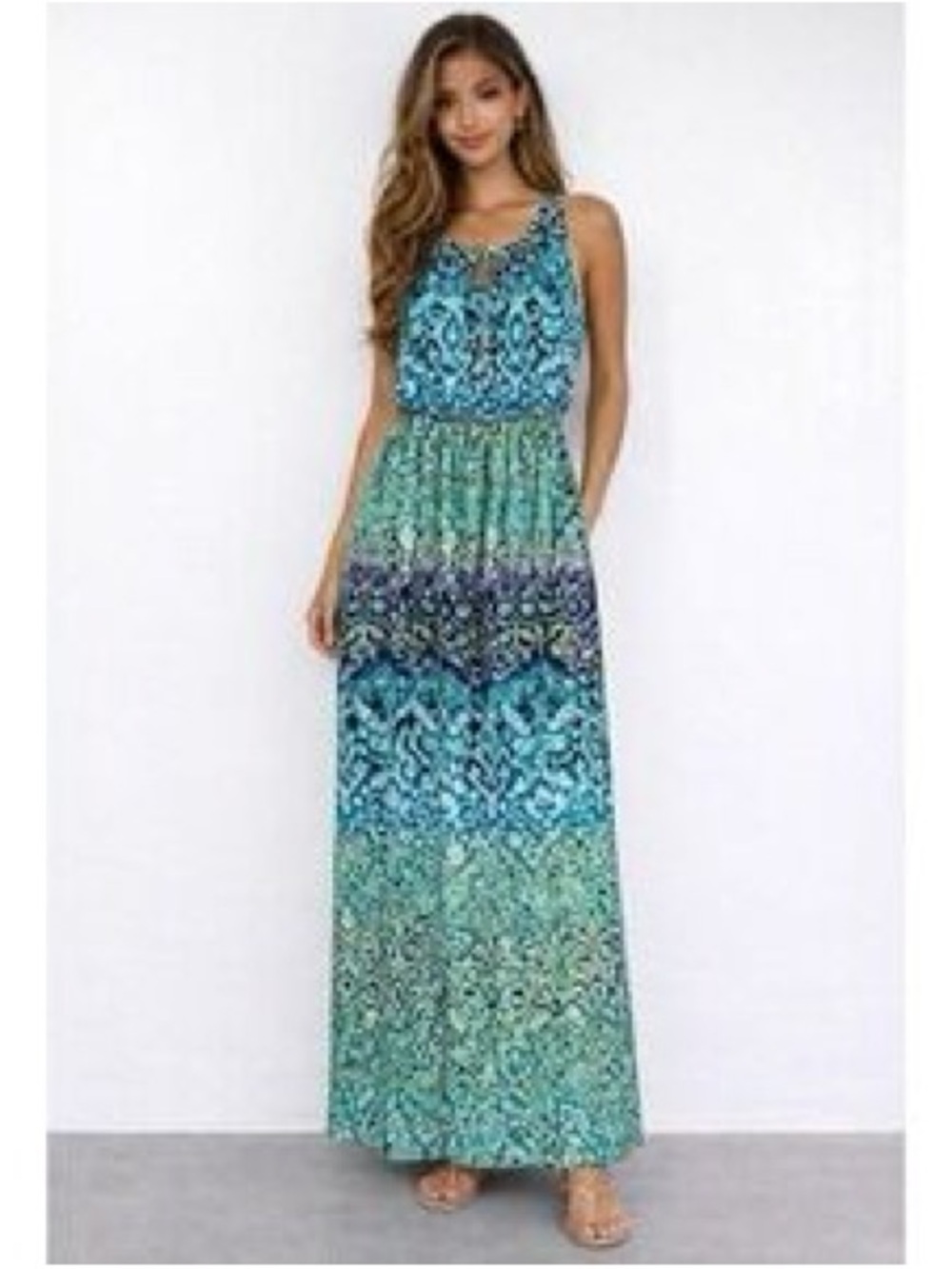 London Times Blue & green Printed sleeveless maxi Dress size 8